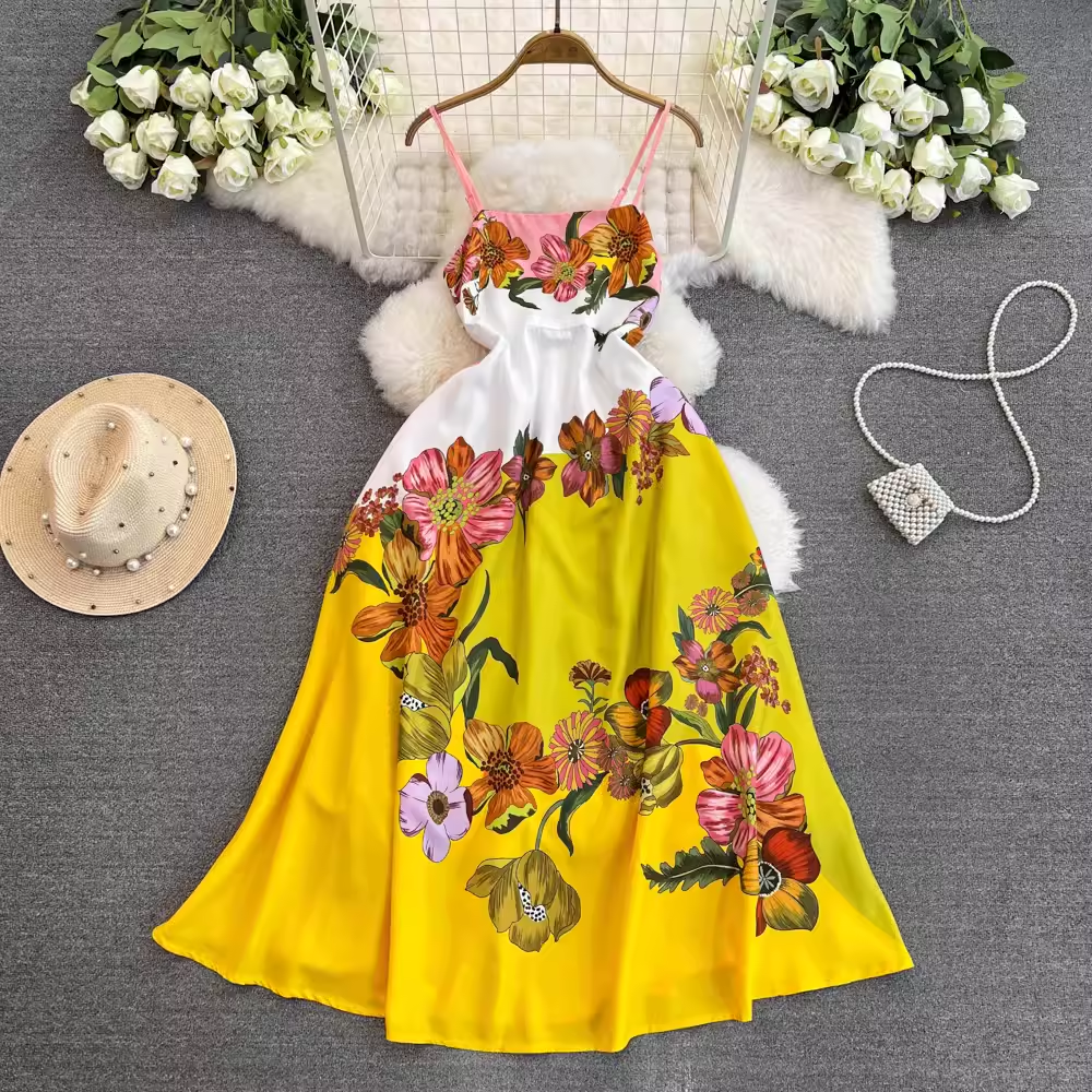 - Women's retro floral suspender dress summer bohemian style GEU1425