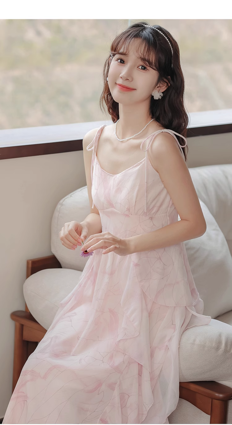 - Pink ruffled chiffon suspender dress for women summer GEU1188
