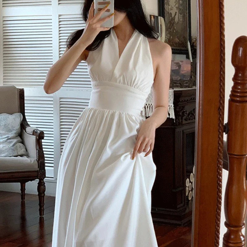 White Elegant Halter Dress Women Sexy Backless Korean Party Midi Dress Female Sleeveless V-neck Vintage Dresses for Women 2024