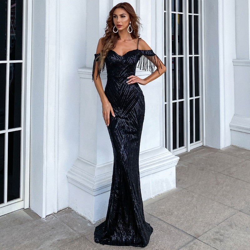 vmtvr Women Elegant Off Shoulder Luxury Evening Dress Sexy Sequin Mermaid Dress Spaghetti Straps Silver Beading Long Party Dress New