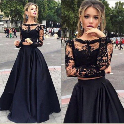 Women Evening Dress Lace Dresses Formal Long Ball Prom Gown Evening Party Hollow Out Deep V-Neck Long Sleeve New Fashion