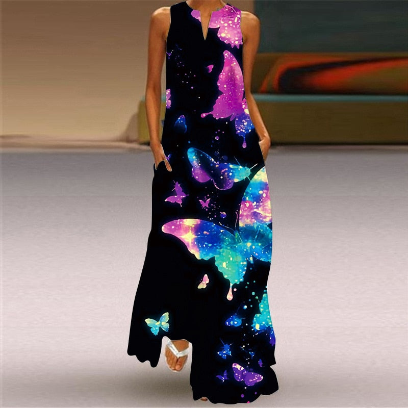 Vintage Print Women Sundress Summer Fashion Sexy V-neck Sleeveless Long Dresses with Pocket Casual Lady Maxi Dress Vestidos