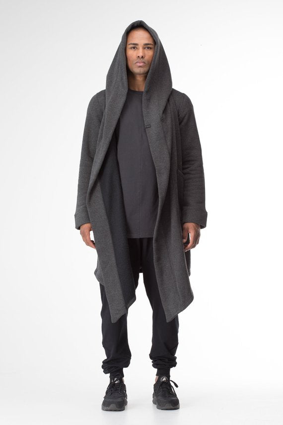jiaabc New Men Winter Casual Hoodie Coat Solid Color Cardigan Cloak Coat Open Front Warm Long Outwear Autumn Winter