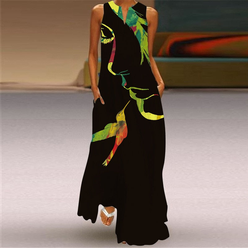 Vintage Print Women Sundress Summer Fashion Sexy V-neck Sleeveless Long Dresses with Pocket Casual Lady Maxi Dress Vestidos