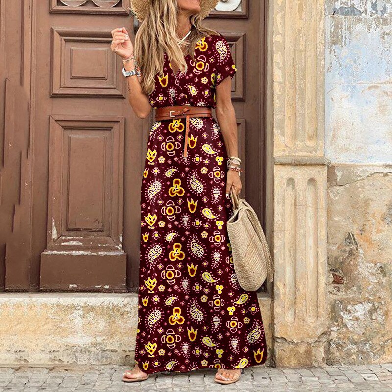 vmtvr Autumn Dress Women New Fashionable Bohemian V-neck Floral Print Long Dress Female Short Sleeve Sexy High Split Maxi Dresses