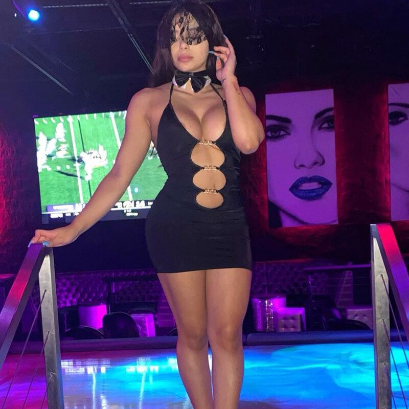 Sexy Halter Summer Women'S Dress Solid Hollow Out Metal Ring Harajuku Bandage Bodycon Dresses Party Club Vestidos Outfit
