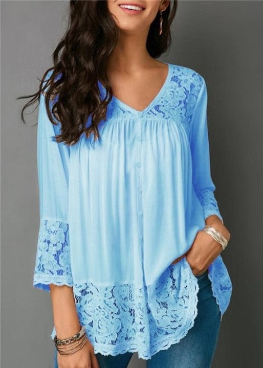 Large size lace women blouse shirt casual loose women shirts fashion V-neck five-point sleeve women blouse summer