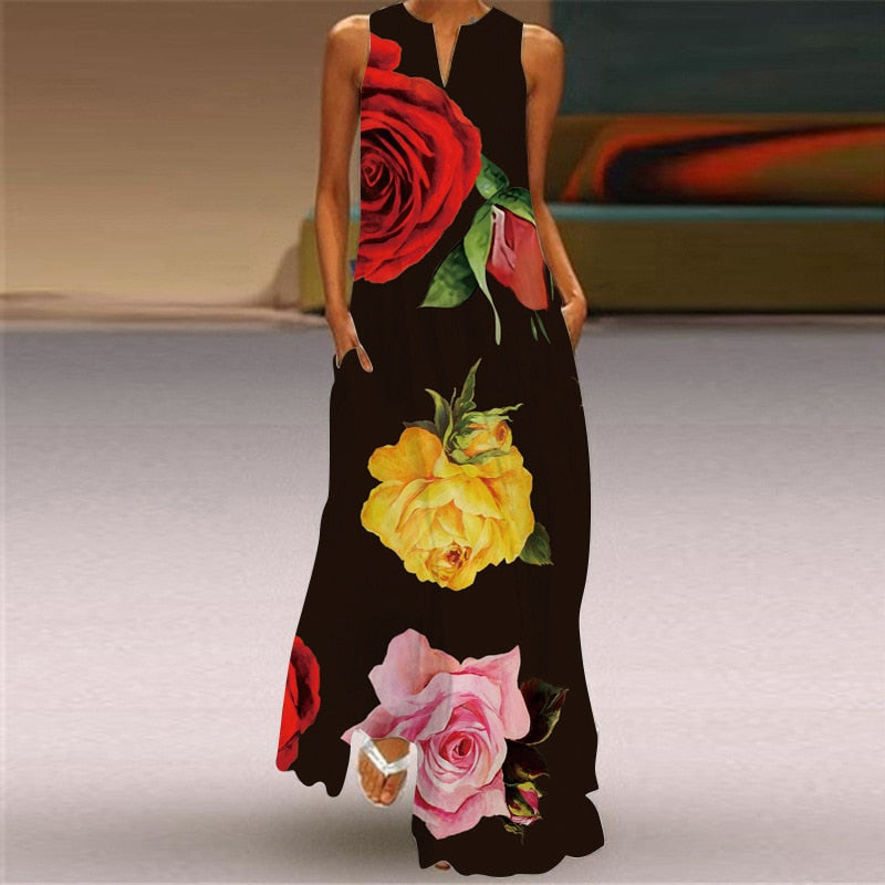 Vintage Print Women Sundress Summer Fashion Sexy V-neck Sleeveless Long Dresses with Pocket Casual Lady Maxi Dress Vestidos