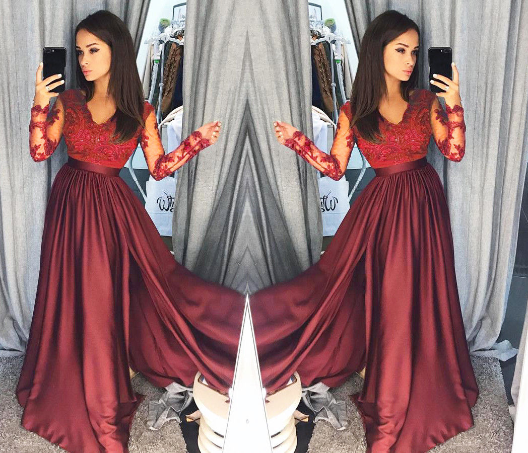Women Evening Dress Lace Dresses Formal Long Ball Prom Gown Evening Party Hollow Out Deep V-Neck Long Sleeve New Fashion