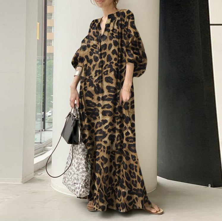 vmtvr - Fashion Printed Maxi Dress Women's Leopard Sundress Spring Puff Sleeve Long Vestidos Female V Neck Robe Oversize