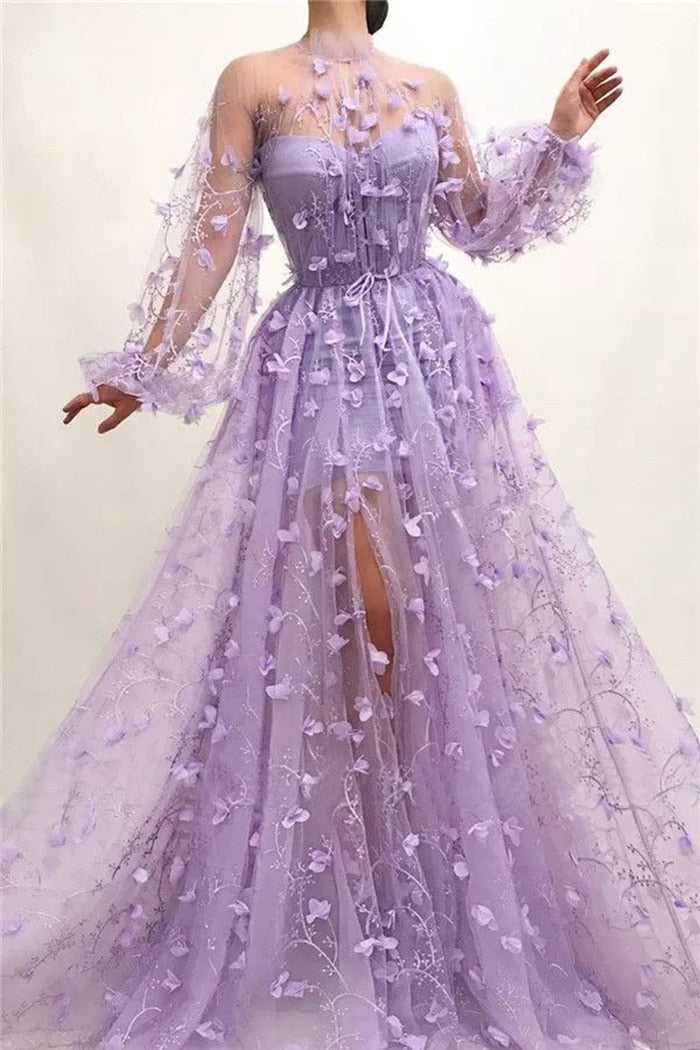 vmtvr Women's Fashion 3D Flower Embroidered Mesh Tulle Dress Party Night Nightclub Purple Gauze Evening Prom Dress Female See Through