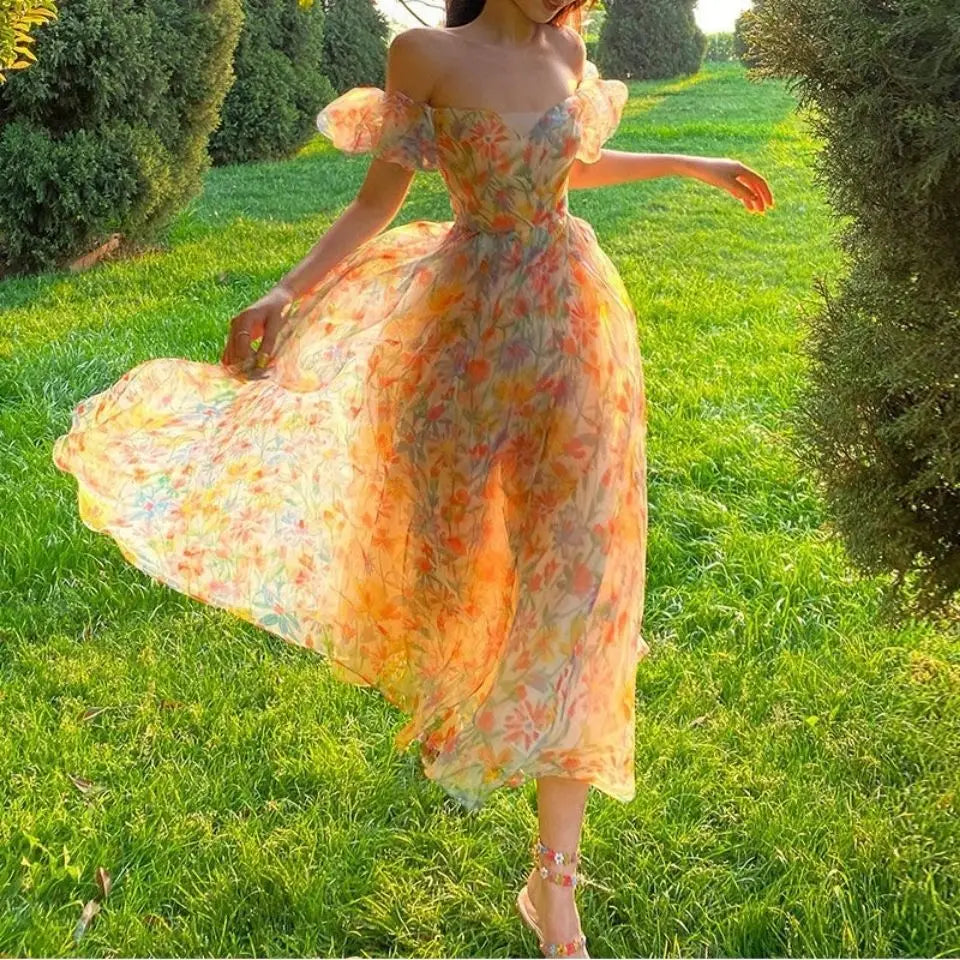 Summer Floral Design Elegant Midi Dresses Women Office Lady One Piece Dress Korean Short Sleeve Vintage Beach Strap Dress 2024
