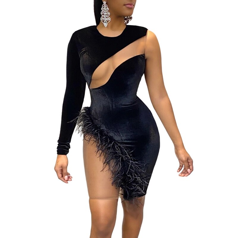 Velvet Christmas Dress Women Sexy Club Dresses Long Sleeve One Shoulder Mesh Patchwork Feather Short Red Bodycon Party Dress