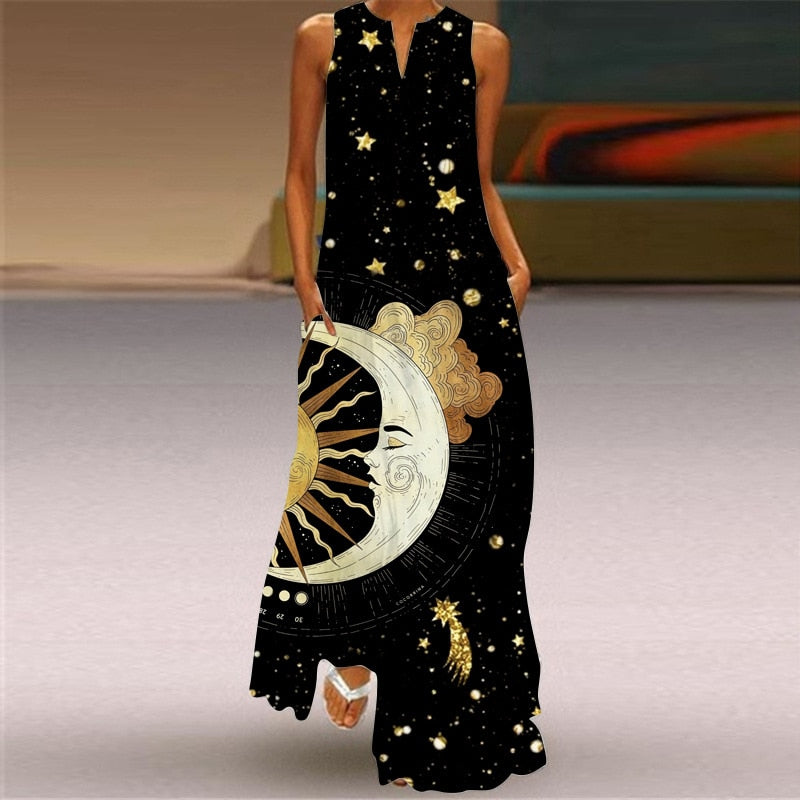 Vintage Print Women Sundress Summer Fashion Sexy V-neck Sleeveless Long Dresses with Pocket Casual Lady Maxi Dress Vestidos