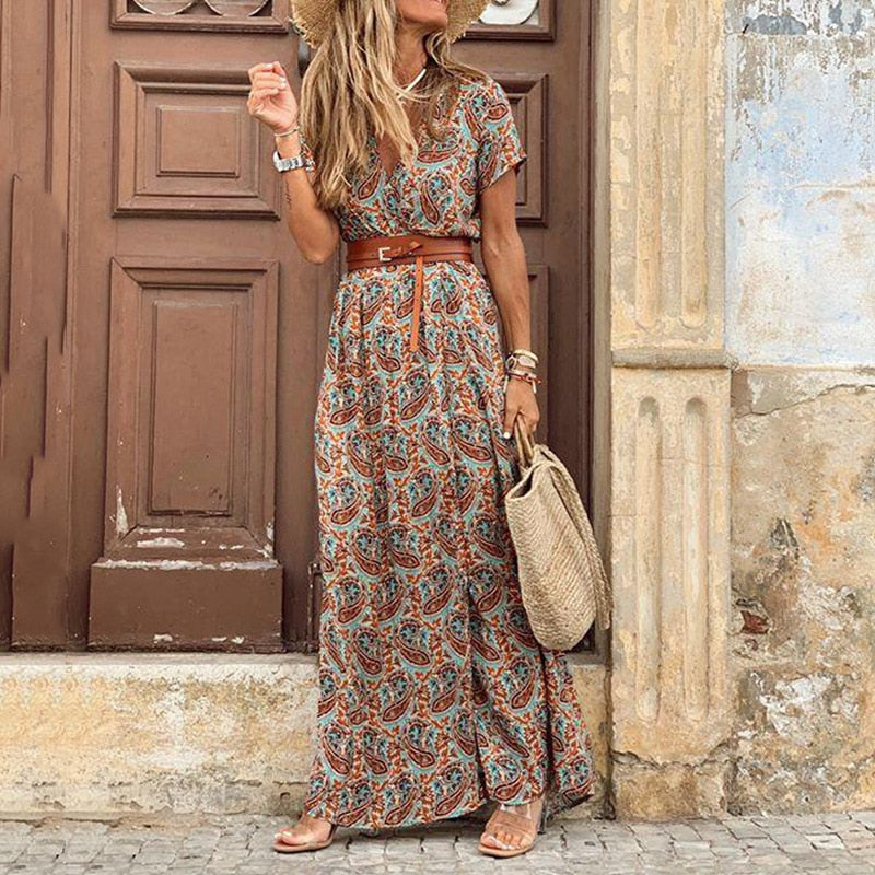 vmtvr Autumn Dress Women New Fashionable Bohemian V-neck Floral Print Long Dress Female Short Sleeve Sexy High Split Maxi Dresses