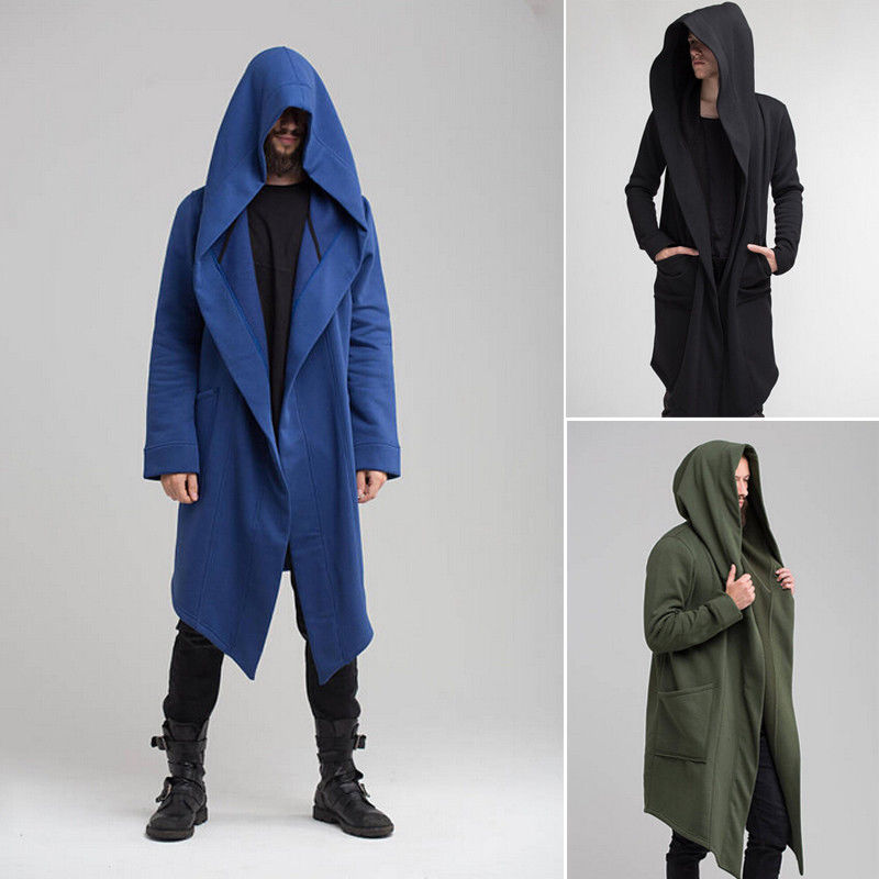 jiaabc New Men Winter Casual Hoodie Coat Solid Color Cardigan Cloak Coat Open Front Warm Long Outwear Autumn Winter