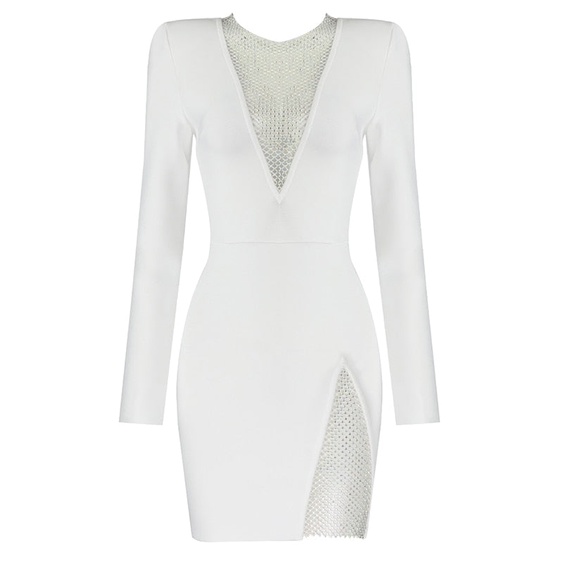 vmtvr - New Summer New Women's Sexy V-neck Mesh Diamond Long Sleeve Bodycon Bandage Dress Fashion Celebrity Party Dress vestido
