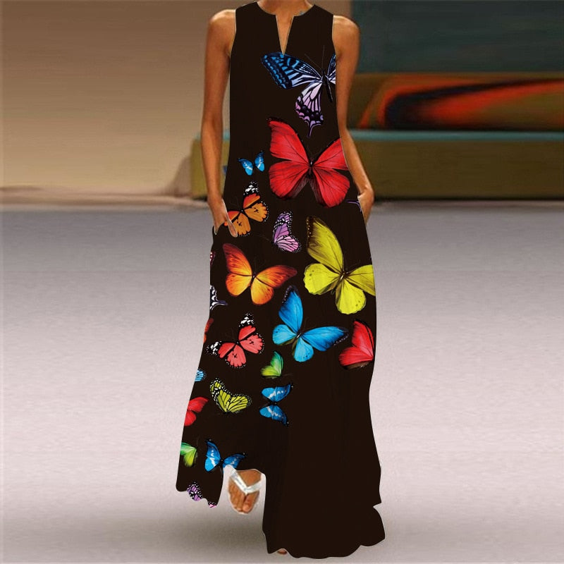 Vintage Print Women Sundress Summer Fashion Sexy V-neck Sleeveless Long Dresses with Pocket Casual Lady Maxi Dress Vestidos