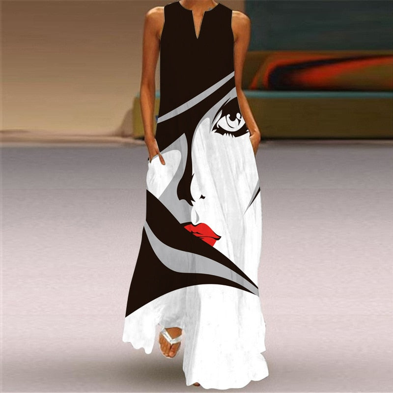 Vintage Print Women Sundress Summer Fashion Sexy V-neck Sleeveless Long Dresses with Pocket Casual Lady Maxi Dress Vestidos