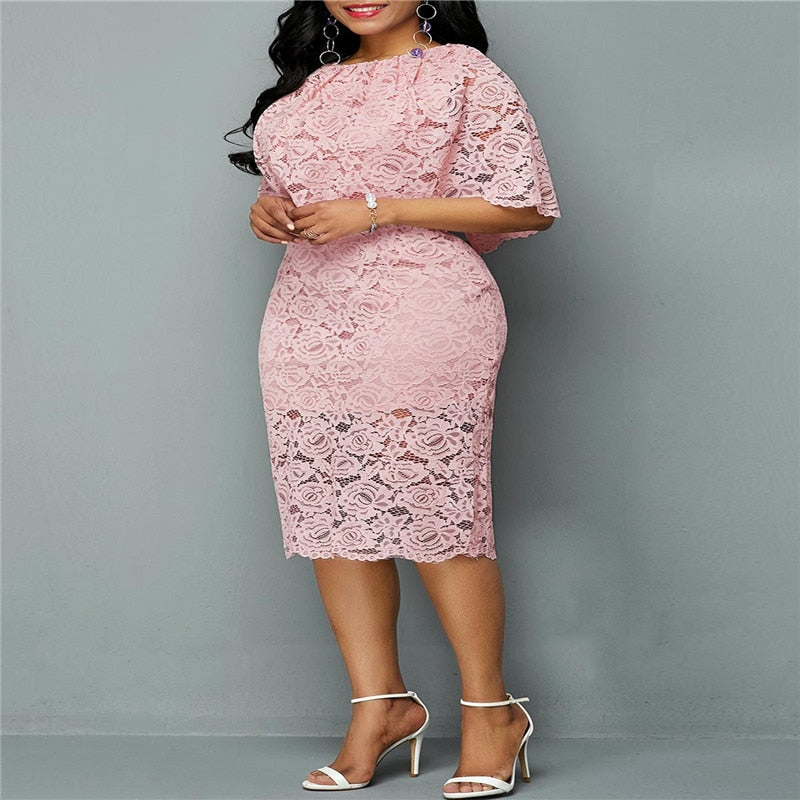 vmtvr 5XL 6XL Women Summer Autumn Dress Elegant Pink Lace Dress Female Evening Party Dresses Vestido Oversized