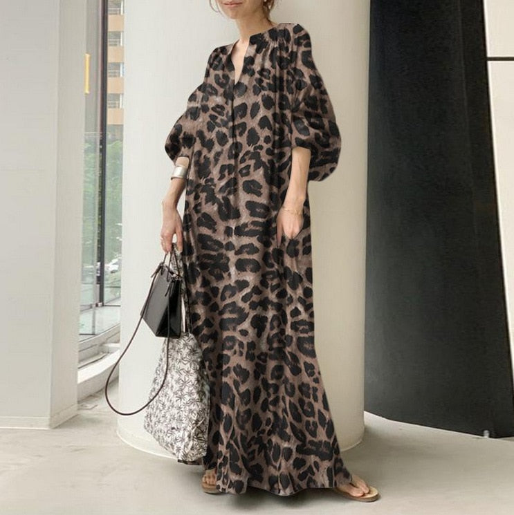 vmtvr - Fashion Printed Maxi Dress Women's Leopard Sundress Spring Puff Sleeve Long Vestidos Female V Neck Robe Oversize