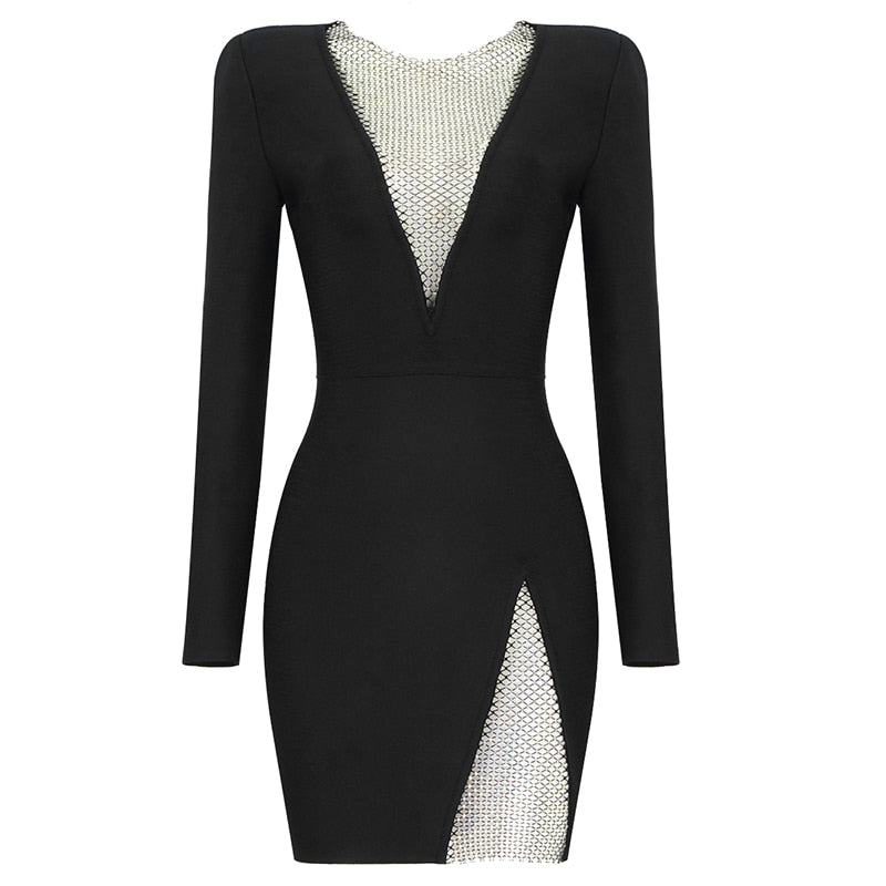 vmtvr - New Summer New Women's Sexy V-neck Mesh Diamond Long Sleeve Bodycon Bandage Dress Fashion Celebrity Party Dress vestido