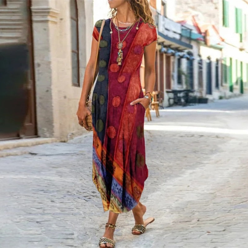 vmtvr - Elegant Women Maxi Dress Summer O Neck Short Sleeve Sundress Office Lady Party Dress Female Print A-Line Long Dress Vestido