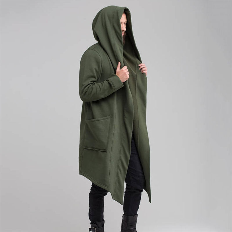 jiaabc New Men Winter Casual Hoodie Coat Solid Color Cardigan Cloak Coat Open Front Warm Long Outwear Autumn Winter
