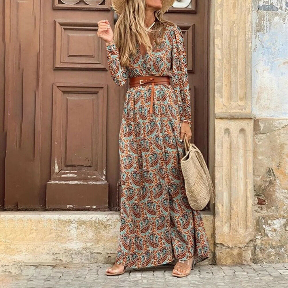 vmtvr Autumn Dress Women New Fashionable Bohemian V-neck Floral Print Long Dress Female Short Sleeve Sexy High Split Maxi Dresses