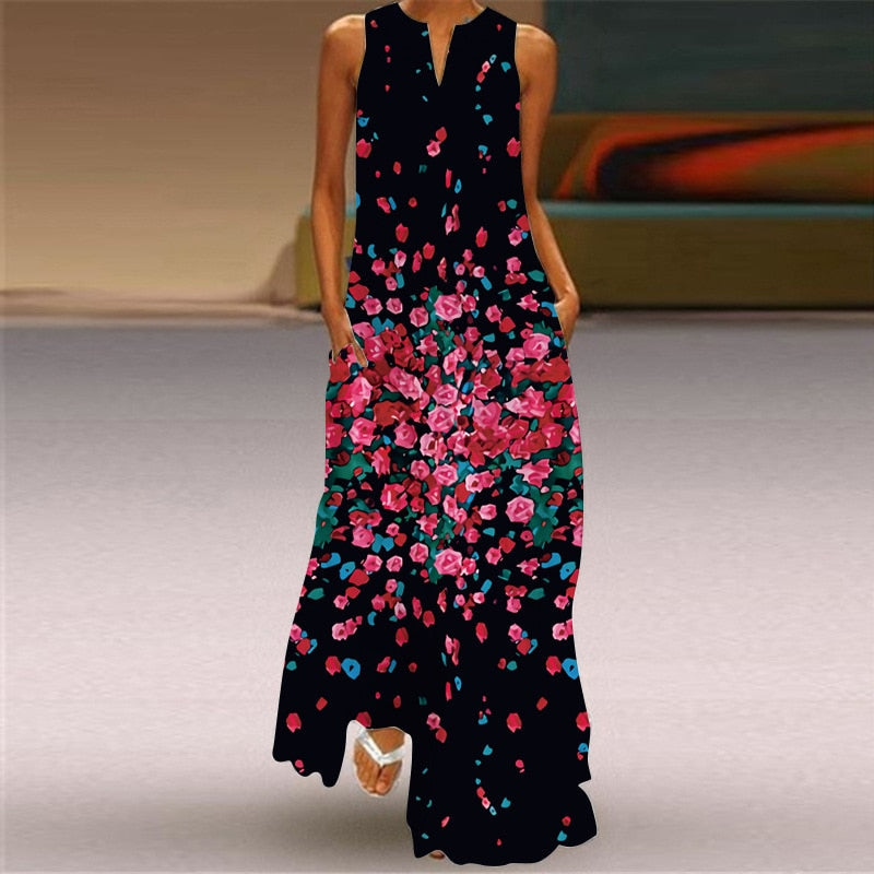 Vintage Print Women Sundress Summer Fashion Sexy V-neck Sleeveless Long Dresses with Pocket Casual Lady Maxi Dress Vestidos
