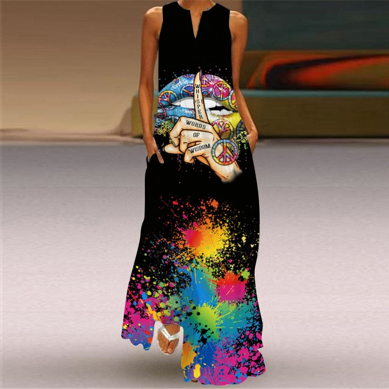 Vintage Print Women Sundress Summer Fashion Sexy V-neck Sleeveless Long Dresses with Pocket Casual Lady Maxi Dress Vestidos