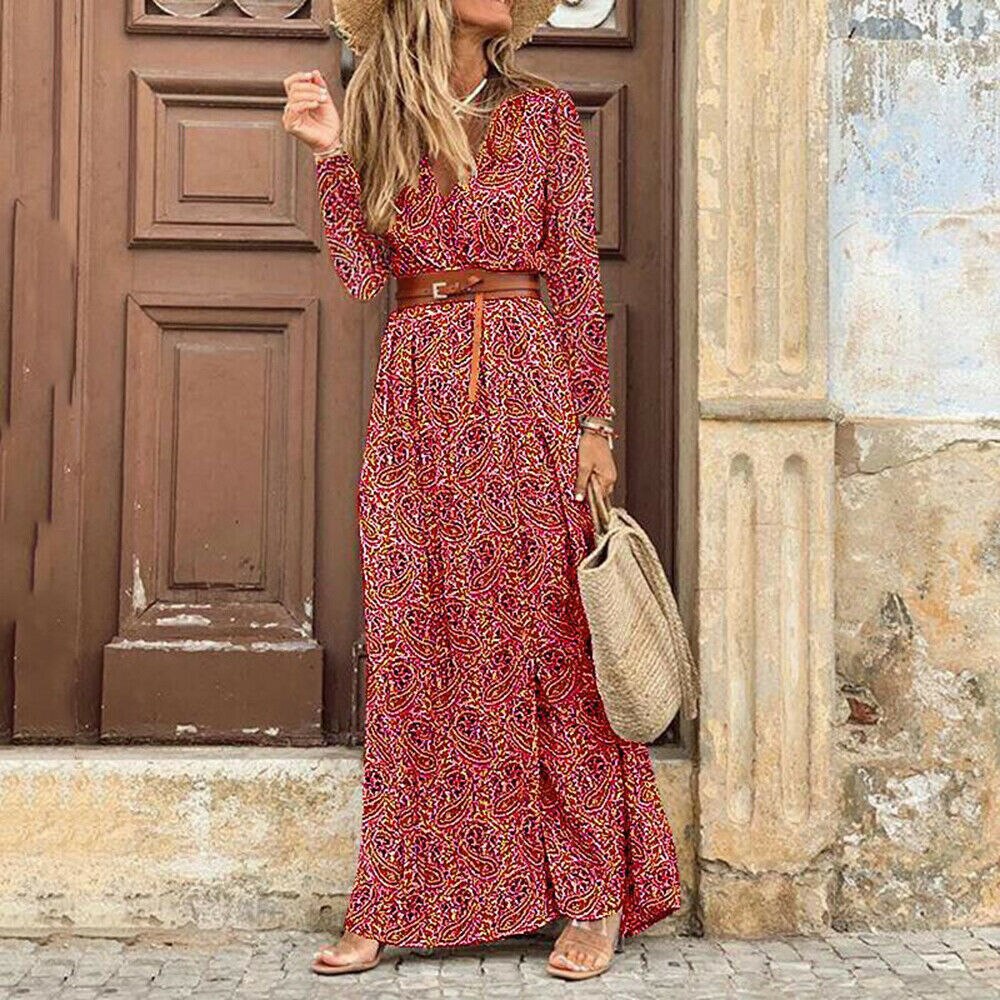 vmtvr Autumn Dress Women New Fashionable Bohemian V-neck Floral Print Long Dress Female Short Sleeve Sexy High Split Maxi Dresses