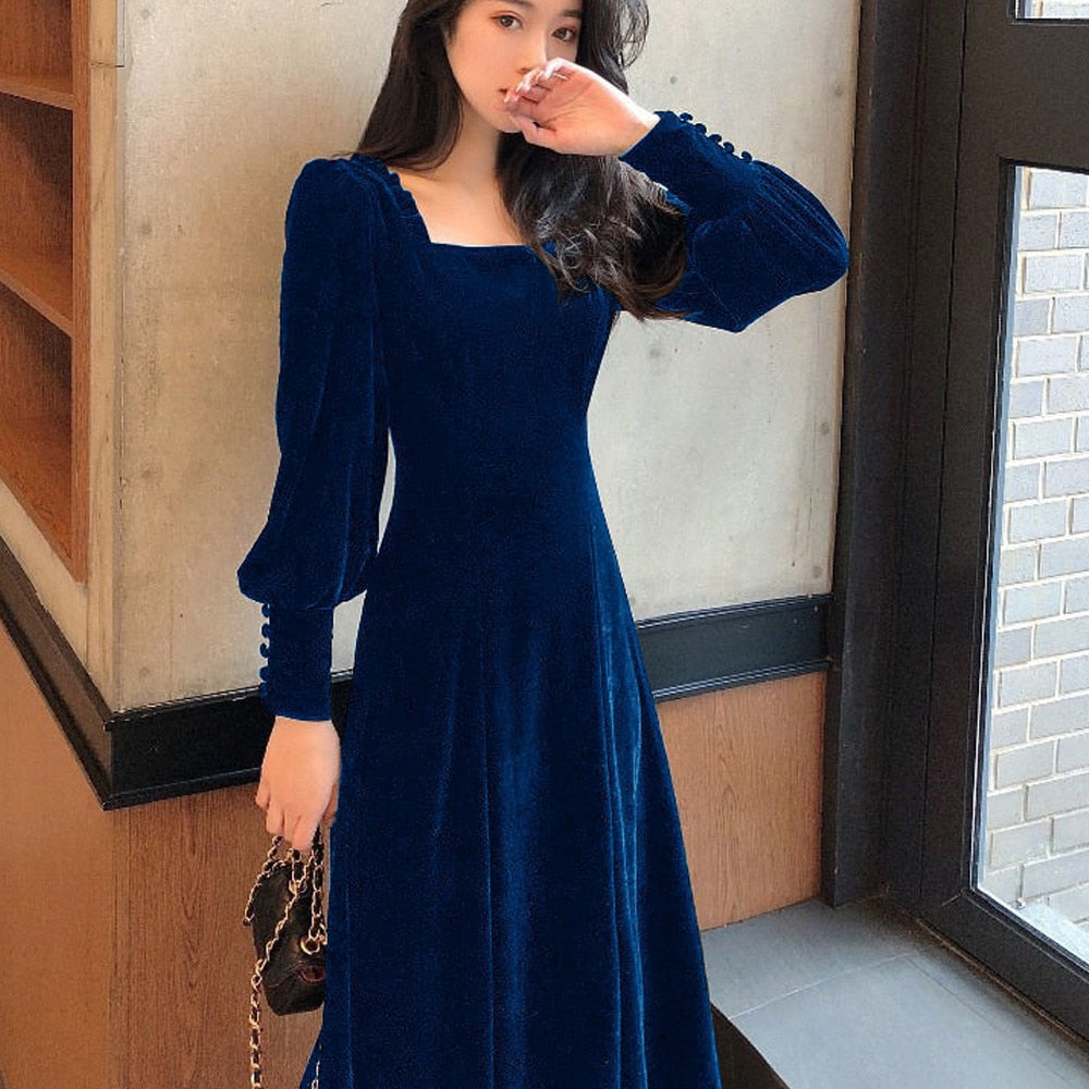 vmtvr Vintage Black Velvet Dress Women Autumn Winter Warm Long Sleeve Maxi Dress French Elegant V-Neck Party Dresses