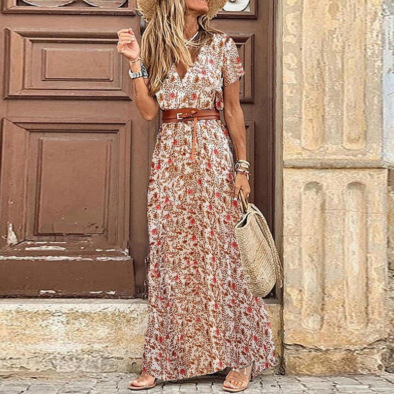 vmtvr Autumn Dress Women New Fashionable Bohemian V-neck Floral Print Long Dress Female Short Sleeve Sexy High Split Maxi Dresses