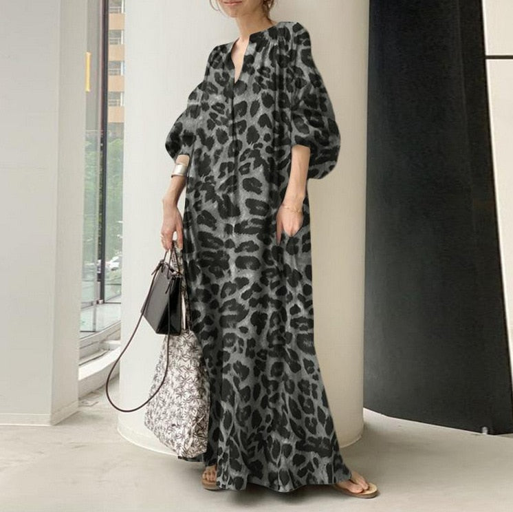 vmtvr - Fashion Printed Maxi Dress Women's Leopard Sundress Spring Puff Sleeve Long Vestidos Female V Neck Robe Oversize