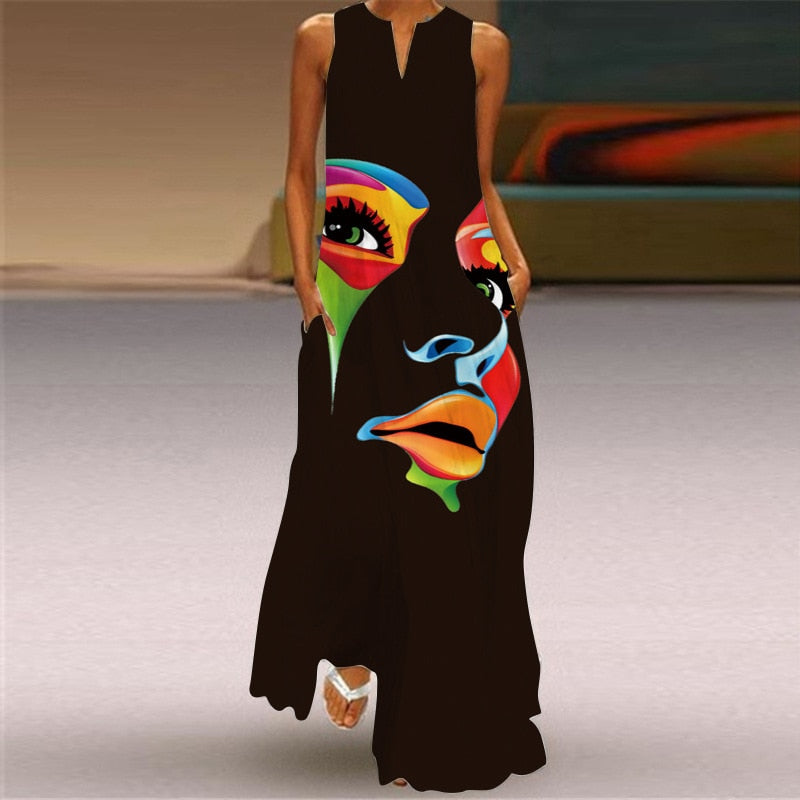 Vintage Print Women Sundress Summer Fashion Sexy V-neck Sleeveless Long Dresses with Pocket Casual Lady Maxi Dress Vestidos