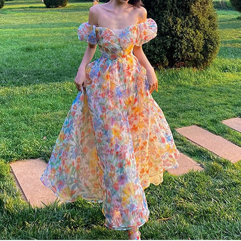 Summer Floral Design Elegant Midi Dresses Women Office Lady One Piece Dress Korean Short Sleeve Vintage Beach Strap Dress 2024