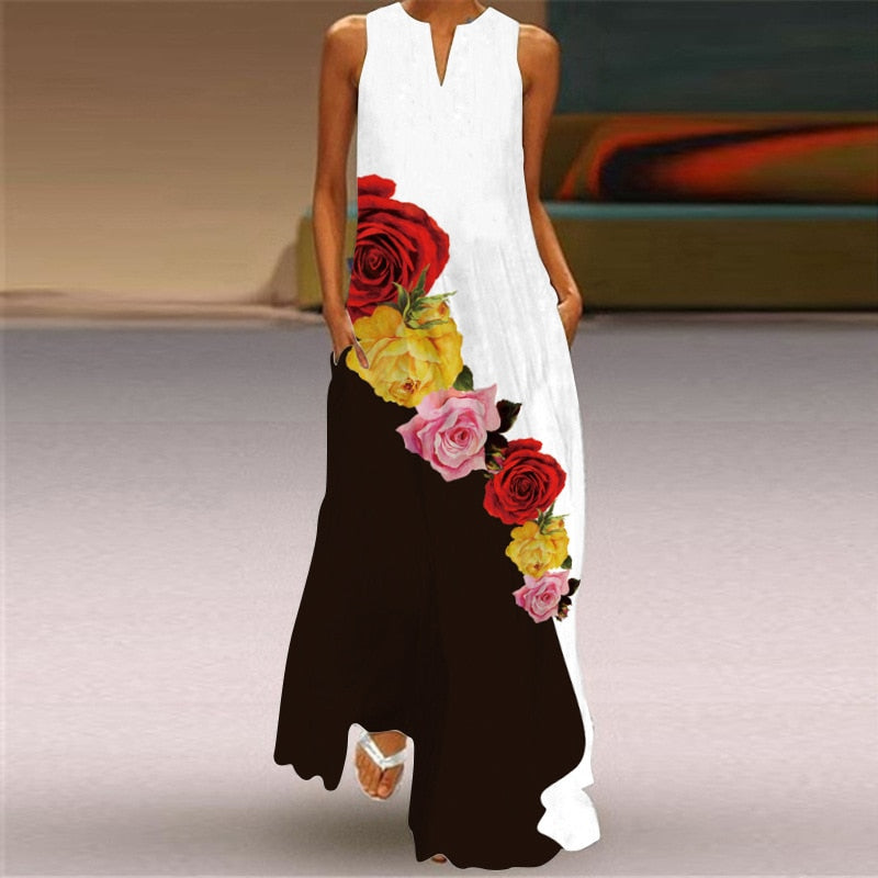 Vintage Print Women Sundress Summer Fashion Sexy V-neck Sleeveless Long Dresses with Pocket Casual Lady Maxi Dress Vestidos