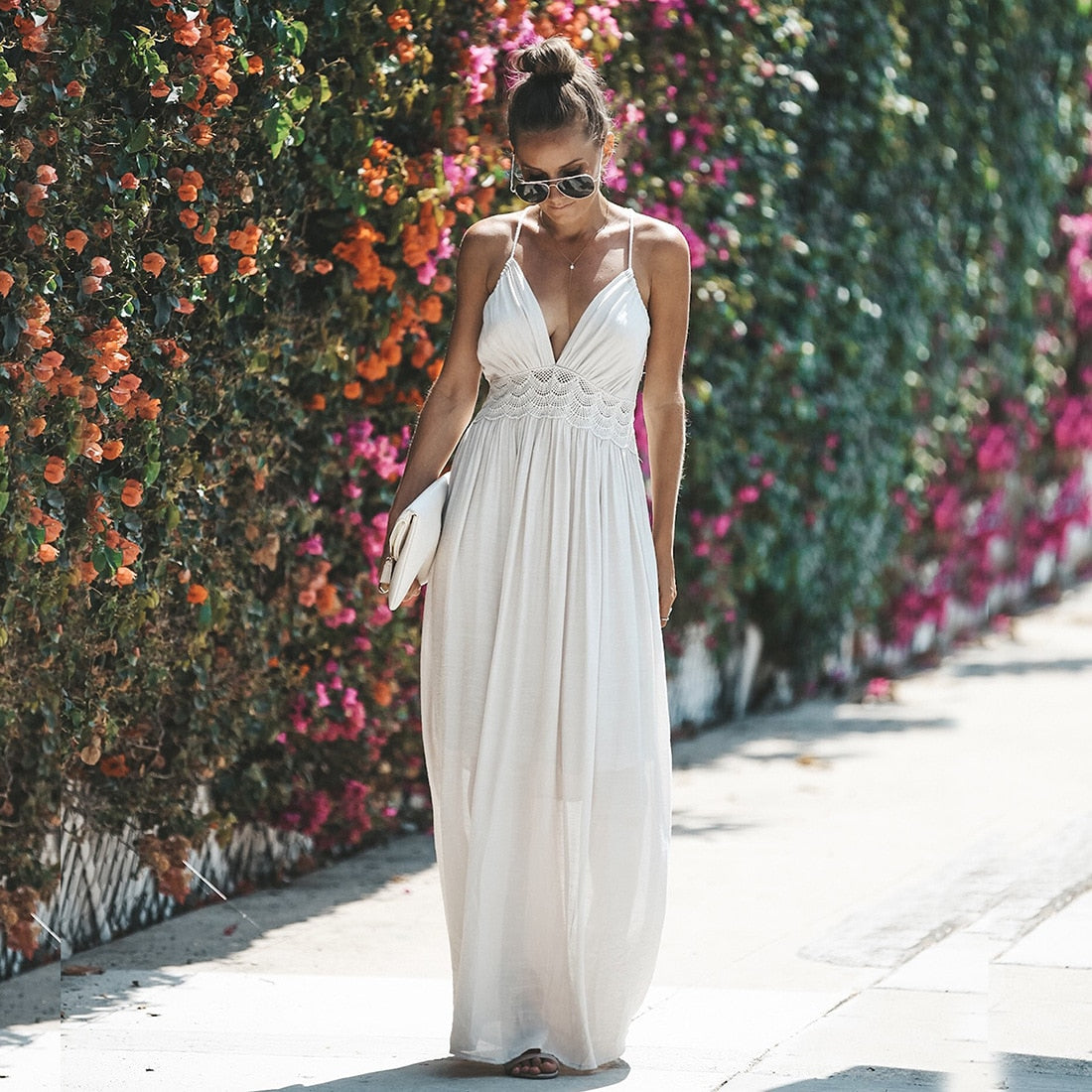 vmtvr - Summer Women's Lace Dress Strapless Patchwork Rayon Long Dress Tie Up Backless Boho Dress V-neck Maxi Robes Party Dresses