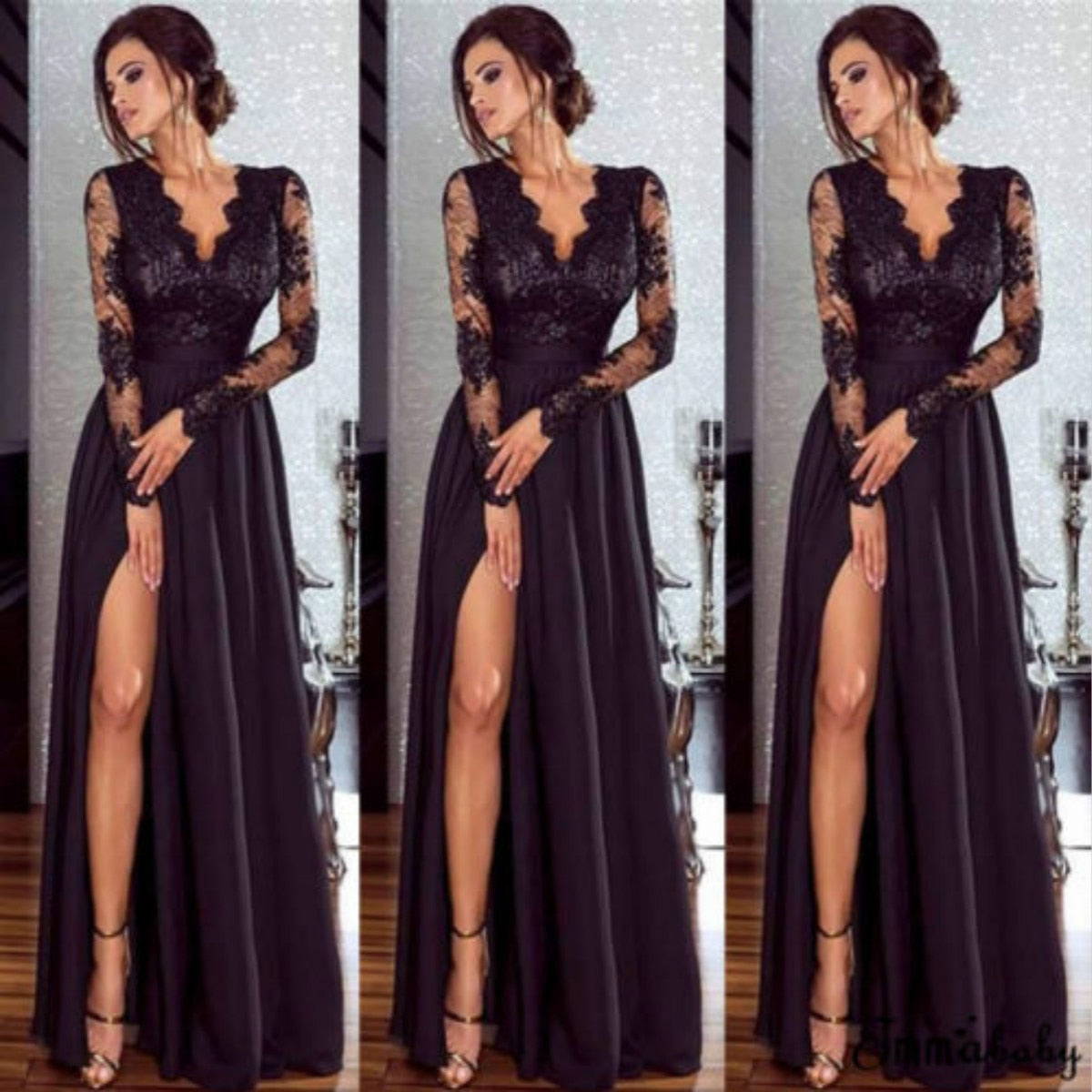 Women Evening Dress Lace Dresses Formal Long Ball Prom Gown Evening Party Hollow Out Deep V-Neck Long Sleeve New Fashion