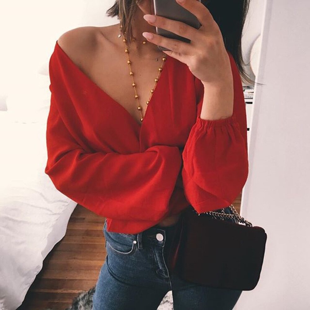 -Fall Outfits Sexy V Neck Wrap Sheath Exposed Navel Short Top Bow Tie Autumn Shirts Chiffon Women Blouses Backless Red White Crop Tops