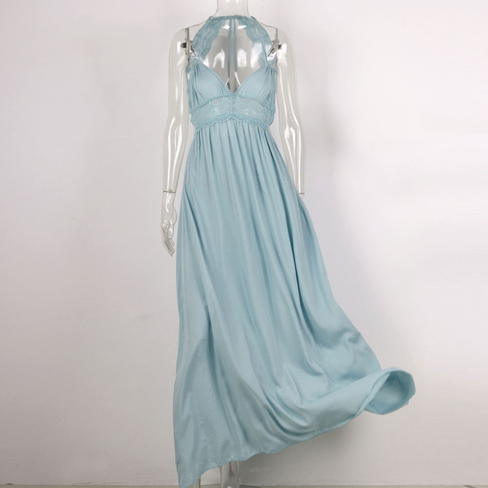 vmtvr - Summer Women's Lace Dress Strapless Patchwork Rayon Long Dress Tie Up Backless Boho Dress V-neck Maxi Robes Party Dresses