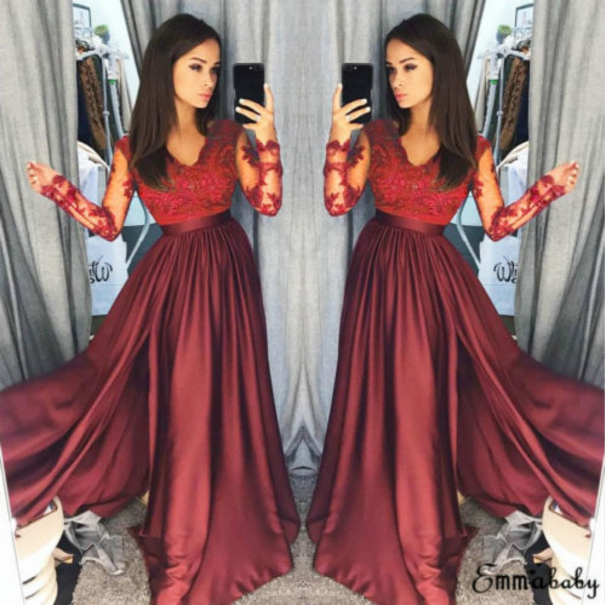 Women Evening Dress Lace Dresses Formal Long Ball Prom Gown Evening Party Hollow Out Deep V-Neck Long Sleeve New Fashion