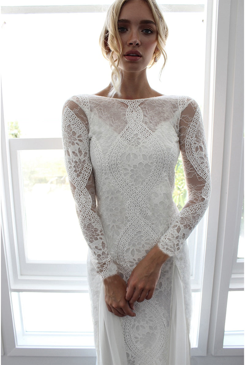 vmtvr - Summer Women Long Party Dress Vintage Long Sleeve Floor Length Sexy Backless White Lace Maxi Dress