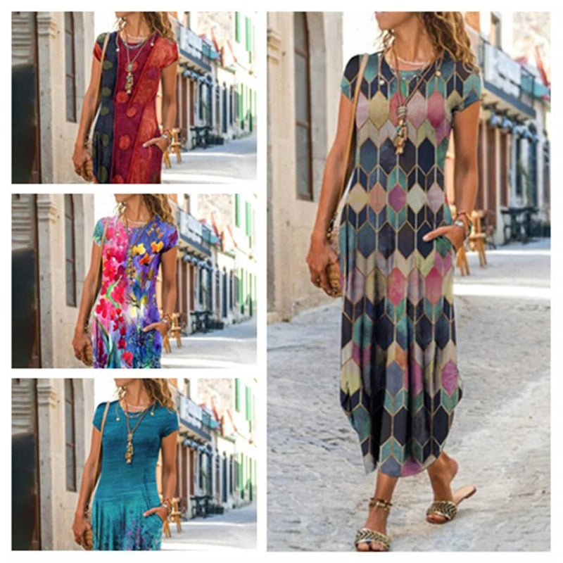 vmtvr - Elegant Women Maxi Dress Summer O Neck Short Sleeve Sundress Office Lady Party Dress Female Print A-Line Long Dress Vestido