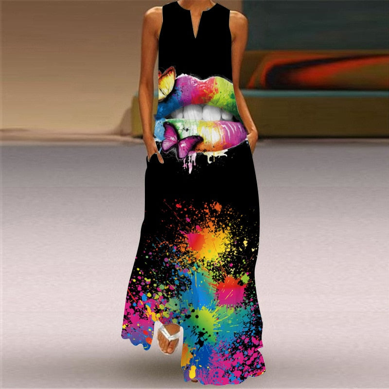 Vintage Print Women Sundress Summer Fashion Sexy V-neck Sleeveless Long Dresses with Pocket Casual Lady Maxi Dress Vestidos