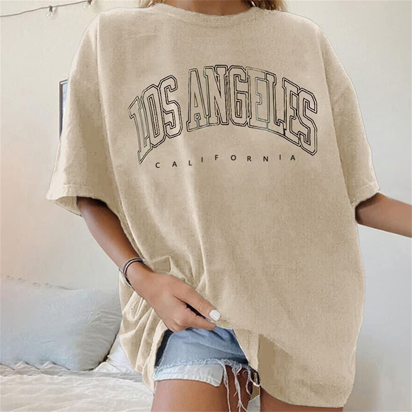 Fashion Women's T-Shirts LOS ANGELES Letter Prints T Shirt Women O-Neck Oversized Loose Short Sleeve Summer Tops Streetwear
