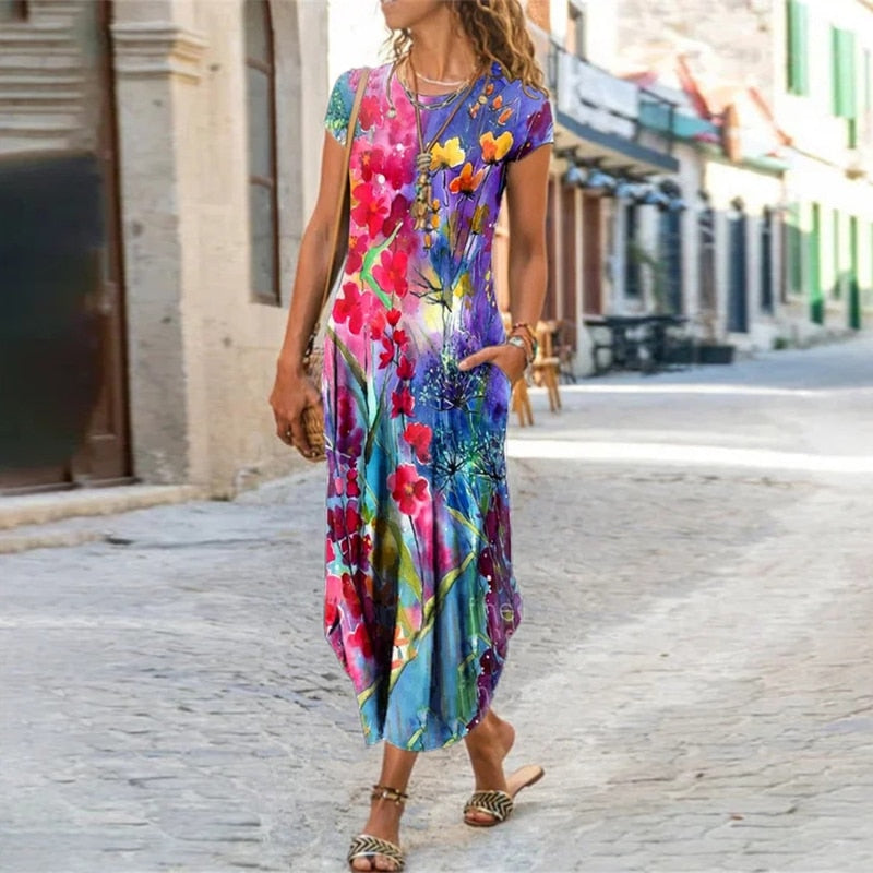 vmtvr - Elegant Women Maxi Dress Summer O Neck Short Sleeve Sundress Office Lady Party Dress Female Print A-Line Long Dress Vestido