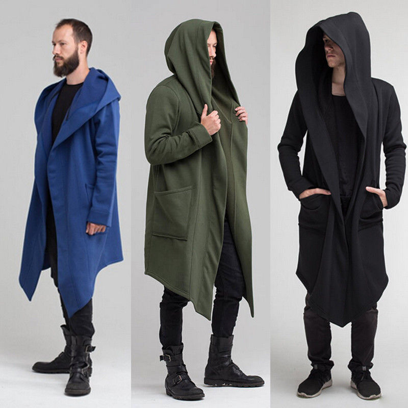 jiaabc New Men Winter Casual Hoodie Coat Solid Color Cardigan Cloak Coat Open Front Warm Long Outwear Autumn Winter