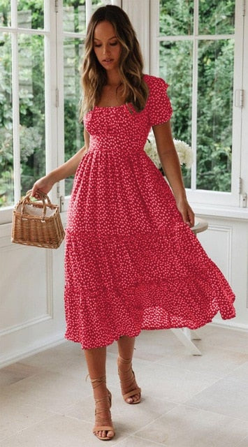 Vestidos Vintage Vintage Print Puff Sleeve summer Beach sweet dresses Casual Square collar floral maxi long dress festa